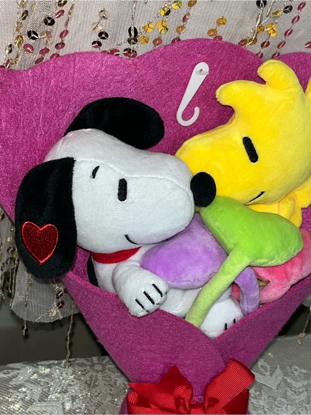 Peanuts Pink Plush Heart Bouquet with Snoopy and Woodstock Toys NEW!